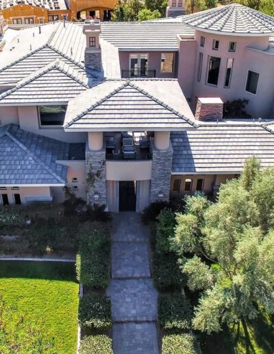 An aerial view of a large home in california.