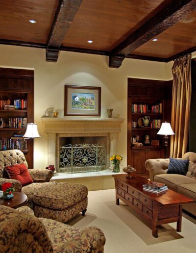 A living room with a fireplace.