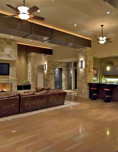 A living room with a fireplace.