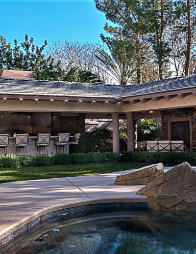 A backyard with a pool and a bar.