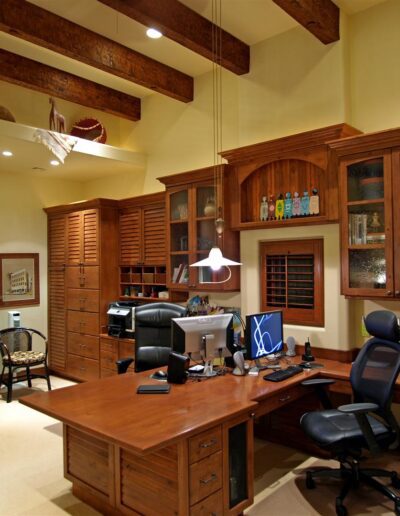 A wooden desk in a home office.